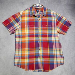 Old Navy Mens Plaid Short Sleeve Button Up Shirt Size Large Bold Colors Pockets